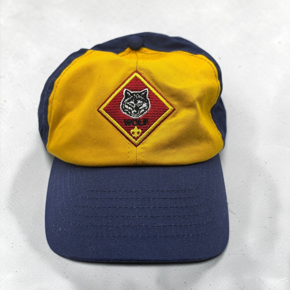 Vintage Hat Cub Scouts M/L Blue Yellow Cotton Poly Wolf Rank Patch Adjustable